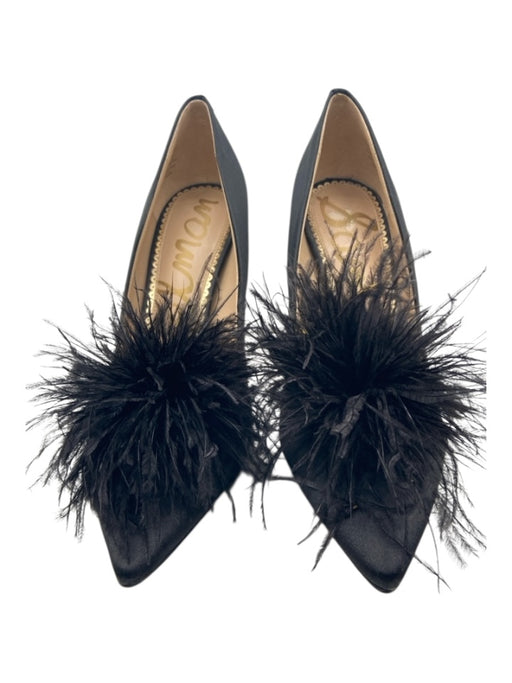 Sam Edelman Shoe Size 9.5 Black Satin Pointed Toe feather Pom Pom Stiletto Pumps Black / 9.5