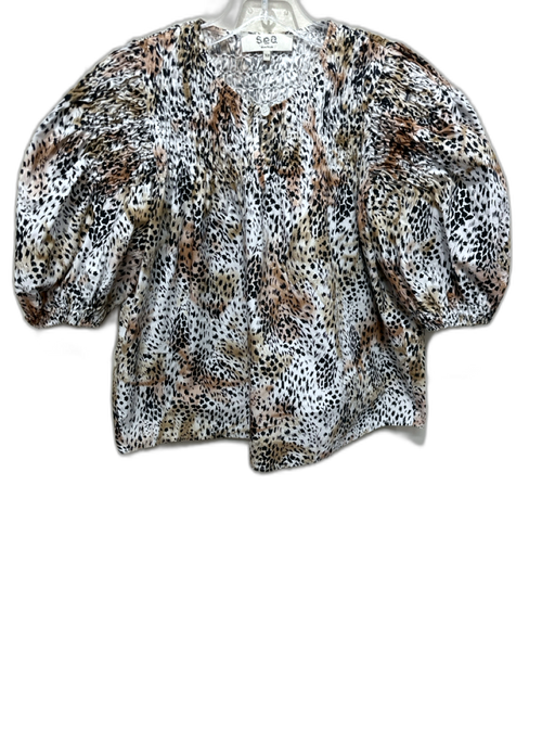 Sea New York Size XS Brown, Cream, Black Cotton Smocked Yoke keyhole front Top Brown, Cream, Black / XS