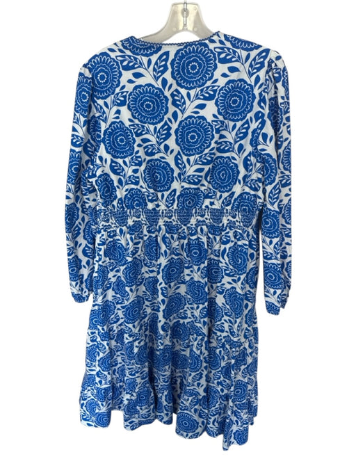 Boden Size 16/18 Blue & White Cotton Long Sleeve Botanical V Neck Dress Blue & White / 16/18