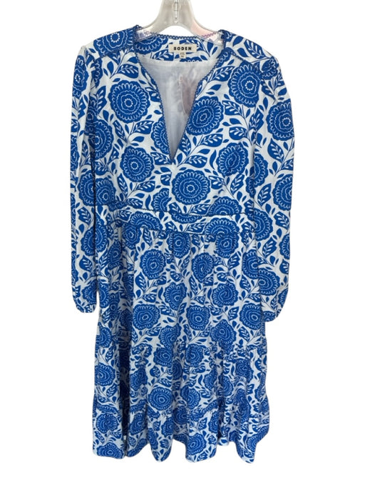 Boden Size 16/18 Blue & White Cotton Long Sleeve Botanical V Neck Dress Blue & White / 16/18