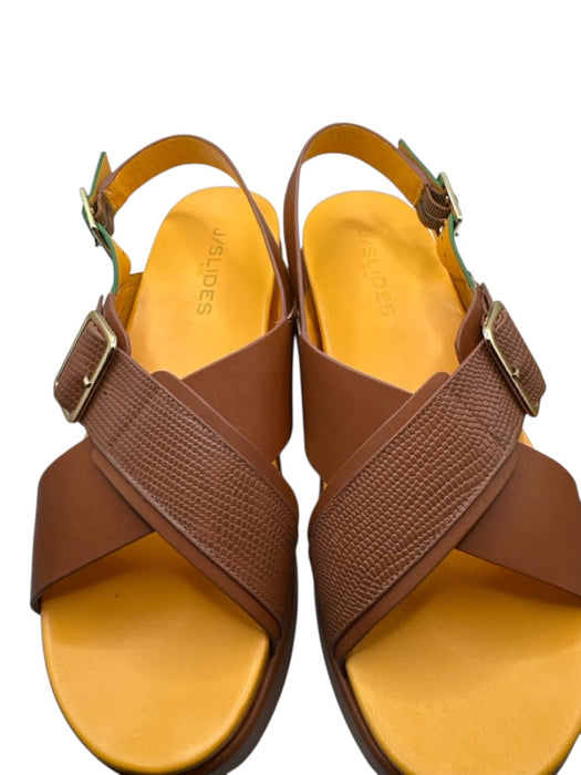 J/Slides Shoe Size 9.5 Brown & Orange Leather Platform Crossover Buckles Sandals Brown & Orange / 9.5