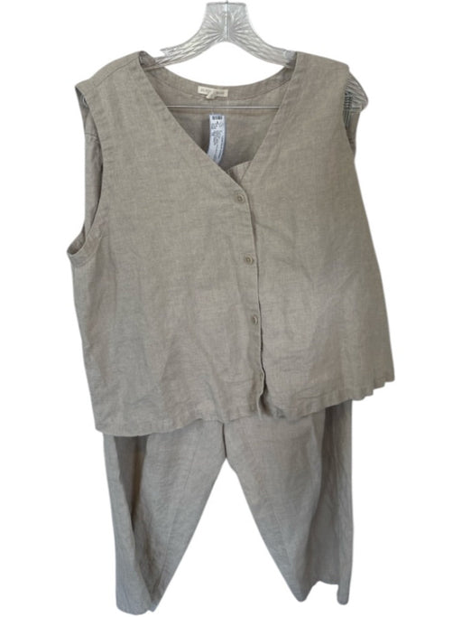 Eileen Fisher Size 1X Oatmeal Linen Sleeveless Elastic Waist Buttons Pant Set Oatmeal / 1X