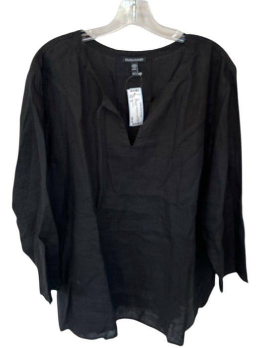 Eileen Fisher Size XL Black Linen Long Sleeve V Neck Front Tie Top Black / XL