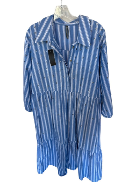 Anthropologie Size XL Blue & White Cotton Striped Maxi Gems Collar Dress Blue & White / XL