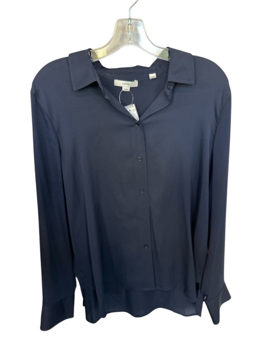 Vince Size XL Navy Silk Blend Button Up Collared Long Sleeve Flowy Blouse Navy / XL
