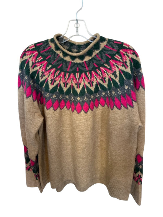 CeCe Size XL Beige & Pink Acrylic Blend Fair Isle Mock Collar Ribbed Sweater Beige & Pink / XL