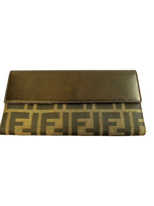 Fendi Brown Canvas & Leather Logo Plate Card Holder Coin Purse flap Wallets Brown