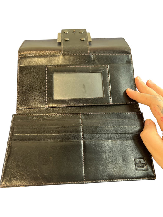 Fendi Brown Canvas & Leather Logo Plate Card Holder Coin Purse flap Wallets Brown