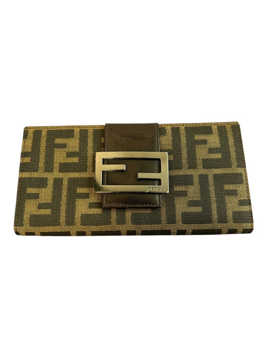 Fendi Brown Canvas & Leather Logo Plate Card Holder Coin Purse flap Wallets Brown