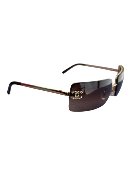 Chanel Brown Metal Gold hardware Rhinestone Rectangle Frame Logo Sunglasses Brown