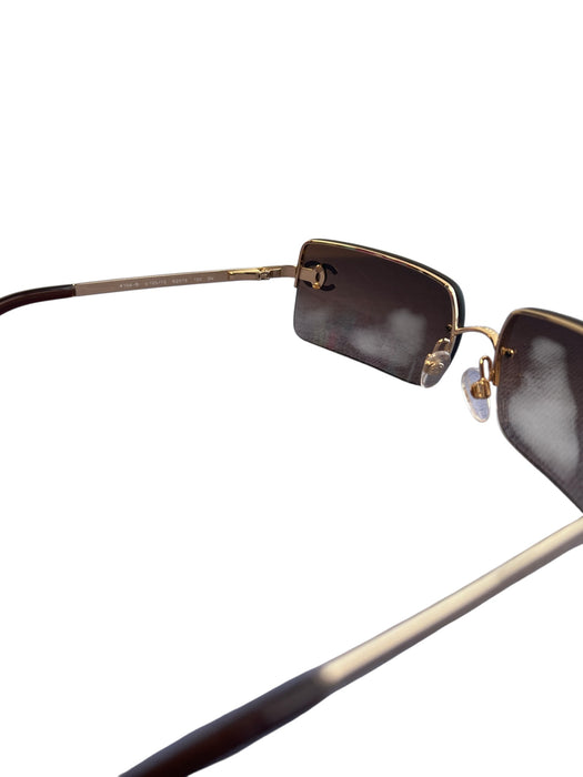 Chanel Brown Metal Gold hardware Rhinestone Rectangle Frame Logo Sunglasses Brown