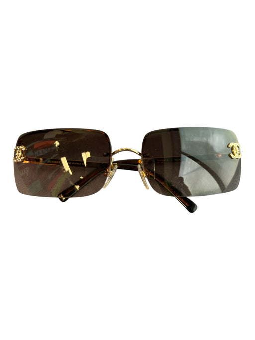Chanel Brown Metal Gold hardware Rhinestone Rectangle Frame Logo Sunglasses Brown