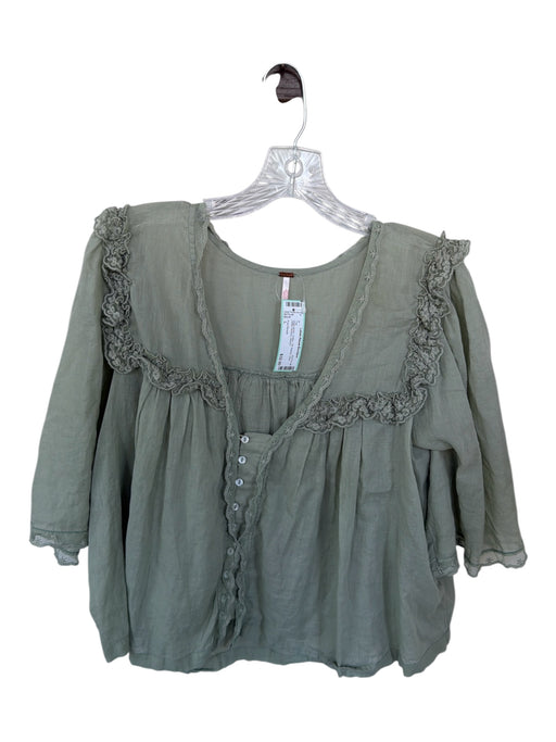 Free People Size L Sage green Cotton 3/4 Sleeve Lace Detail Buttons Top Sage green / L