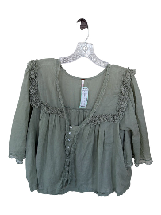 Free People Size L Sage green Cotton 3/4 Sleeve Lace Detail Buttons Top Sage green / L