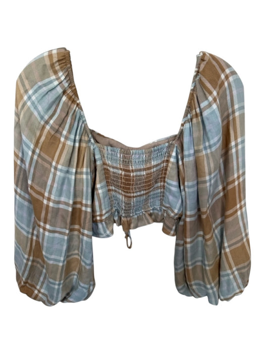 Show Me Your Mumu Size S Tan & blue Rayon Long Balloon Sleeve Plaid Cropped Top Tan & blue / S