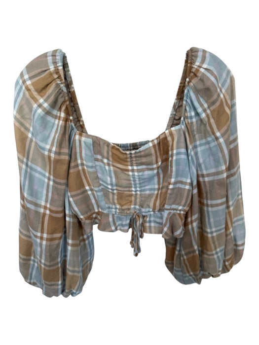 Show Me Your Mumu Size S Tan & blue Rayon Long Balloon Sleeve Plaid Cropped Top Tan & blue / S
