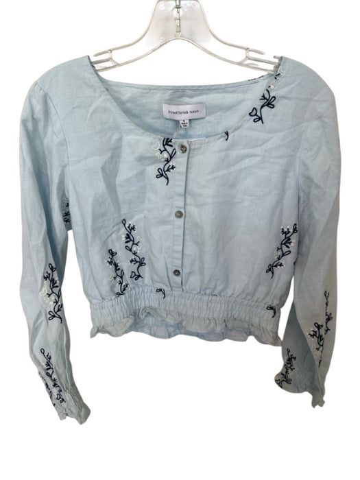 Something Navy Size S Baby Blue & Navy Linen & Cotton Long Sleeve Cropped Top Baby Blue & Navy / S