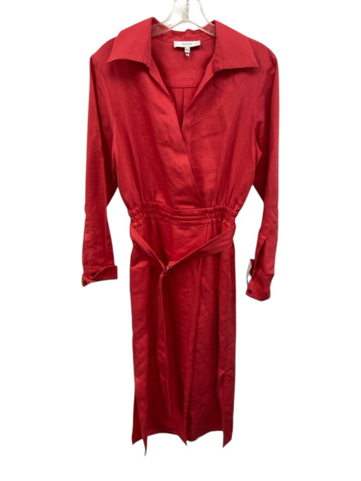 Reiss Size 6 Red Linen & Tencel Blend Long Sleeve Surplice Sash Incl. Midi Dress Red / 6