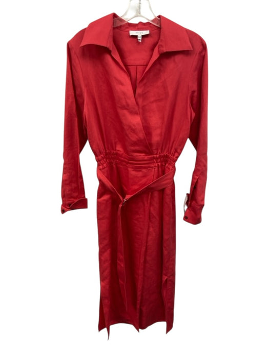 Reiss Size 6 Red Linen & Tencel Blend Long Sleeve Surplice Sash Incl. Midi Dress Red / 6