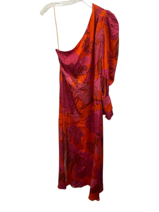 Farm Rio Size S Orange & Pink Viscose One Sleeve Floral Midi Long Sleeve Dress Orange & Pink / S