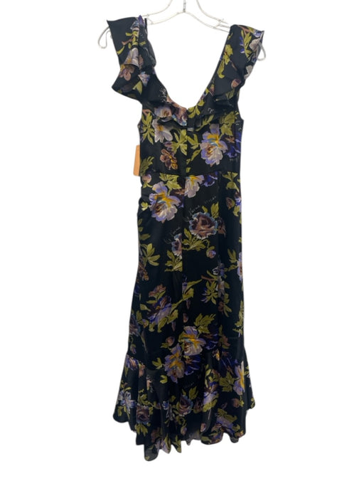 Cinq a Sept Size 6 Black Green & Purple Polyester Floral Ruffled Back Zip Dress Black Green & Purple / 6