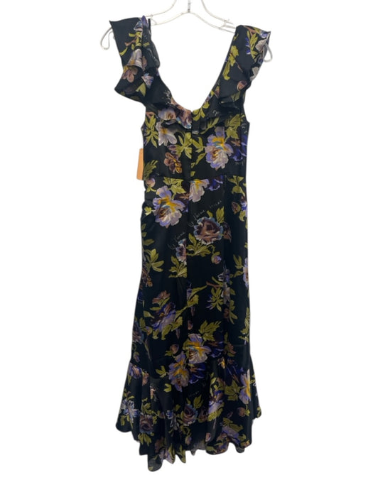 Cinq a Sept Size 6 Black Green & Purple Polyester Floral Ruffled Back Zip Dress Black Green & Purple / 6