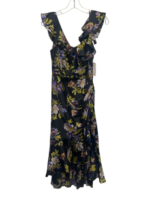 Cinq a Sept Size 6 Black Green & Purple Polyester Floral Ruffled Back Zip Dress Black Green & Purple / 6