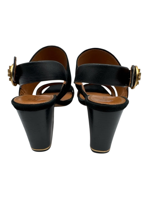 Tory Burch Shoe Size 9 Black & Gold Suede Square Toe Stacked Heel Sandals Black & Gold / 9
