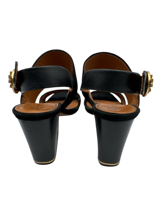 Tory Burch Shoe Size 9 Black & Gold Suede Square Toe Stacked Heel Sandals Black & Gold / 9