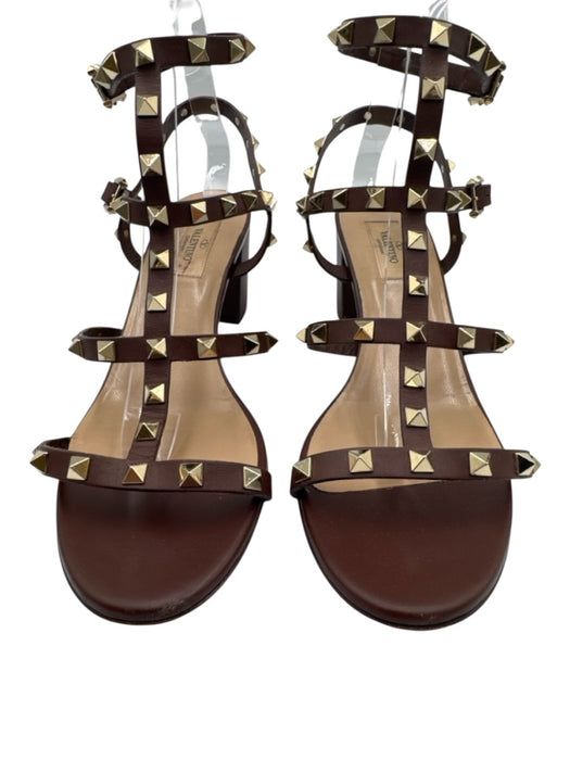 Valentino Shoe Size 40 Brown & Gold Leather Studded Round Toe Block Heel Sandals Brown & Gold / 40