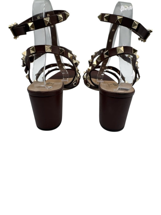 Valentino Shoe Size 40 Brown & Gold Leather Studded Round Toe Block Heel Sandals Brown & Gold / 40