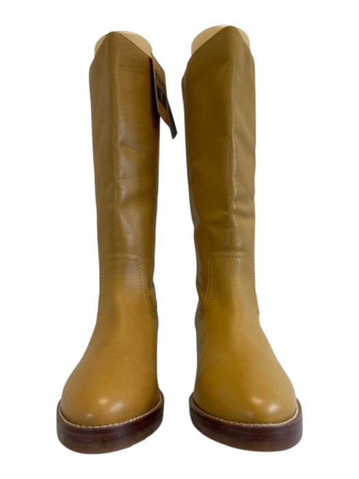 Frye Shoe Size 9.5 Banana Yellow Leather Round Toe Stacked Heel Boots Banana Yellow / 9.5