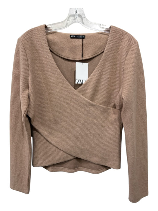 Zara Size L Tan Polyester & Viscose Surplice Ribbed Sweater Tan / L