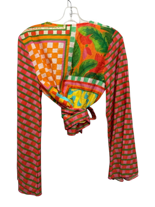 Farm Rio Size M Orange, pink & green Cotton Long Flare Sleeve Pattern Block Top Orange, pink & green / M