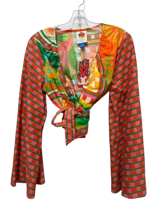 Farm Rio Size M Orange, pink & green Cotton Long Flare Sleeve Pattern Block Top Orange, pink & green / M