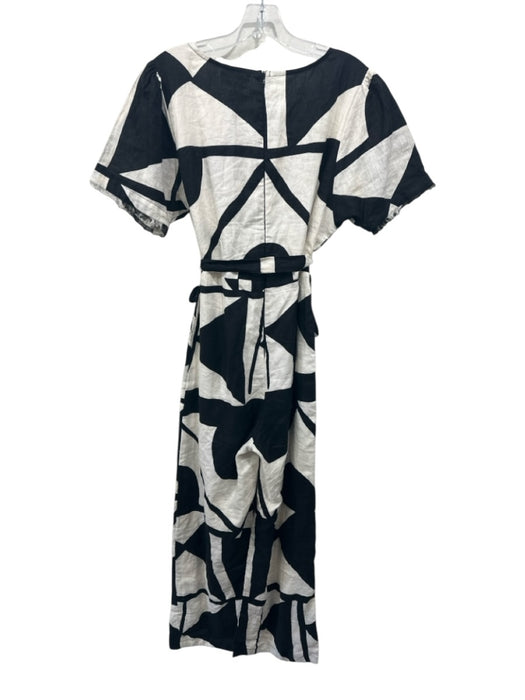 Bel Kazan Size M Cream & Black Linen Short Sleeve Abstract Print V Neck Jumpsuit Cream & Black / M