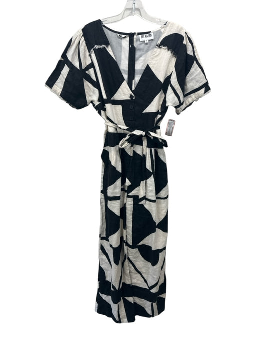 Bel Kazan Size M Cream & Black Linen Short Sleeve Abstract Print V Neck Jumpsuit Cream & Black / M