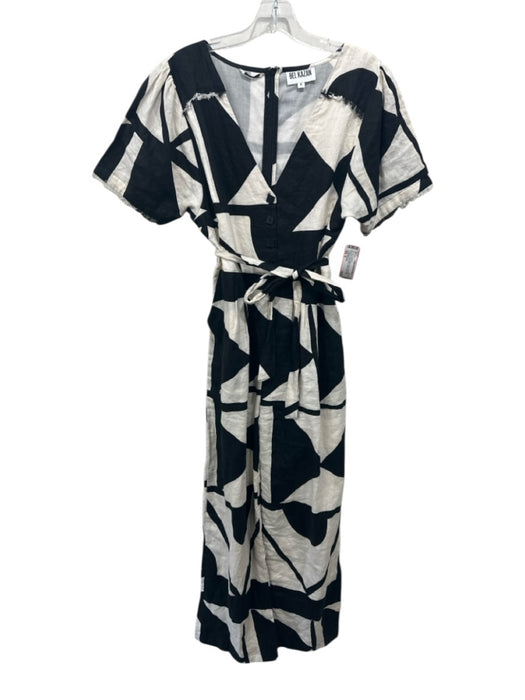 Bel Kazan Size M Cream & Black Linen Short Sleeve Abstract Print V Neck Jumpsuit Cream & Black / M