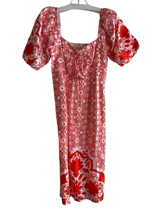 Boden Size 6 Orange & White Linen Abstract Floral Off Shoulder Dress Orange & White / 6