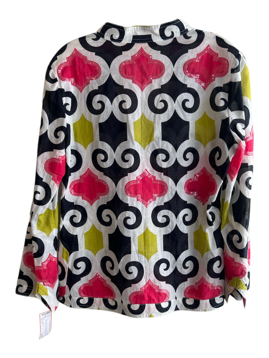 Tory Burch Size 8 Black, White, Pink & Chartreuse Cotton round split neck Top Black, White, Pink & Chartreuse / 8
