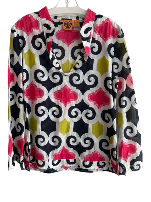 Tory Burch Size 8 Black, White, Pink & Chartreuse Cotton round split neck Top Black, White, Pink & Chartreuse / 8