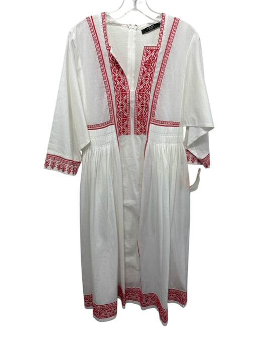 Weekend Max Mara Size M White & Red Cotton Embroidered Long Sleeve V Neck Dress White & Red / M