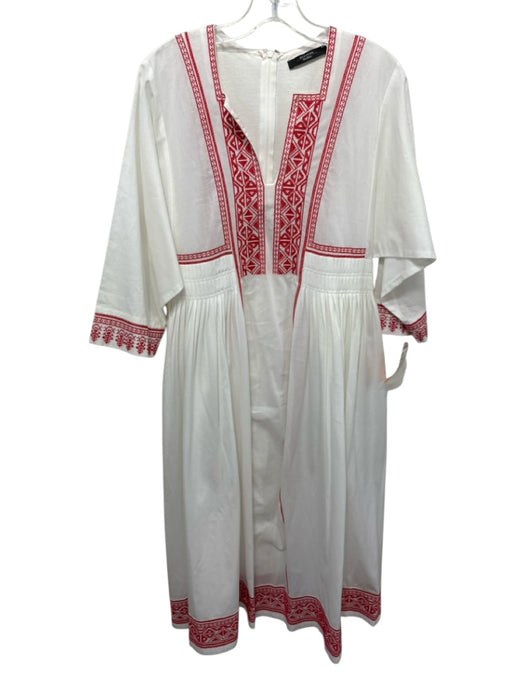 Weekend Max Mara Size M White & Red Cotton Embroidered Long Sleeve V Neck Dress White & Red / M