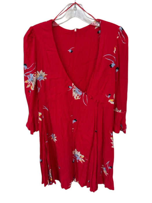 Free People Size XS Red & Blue Rayon Long Sleeve Flowers Buttons Dress Red & Blue / XS