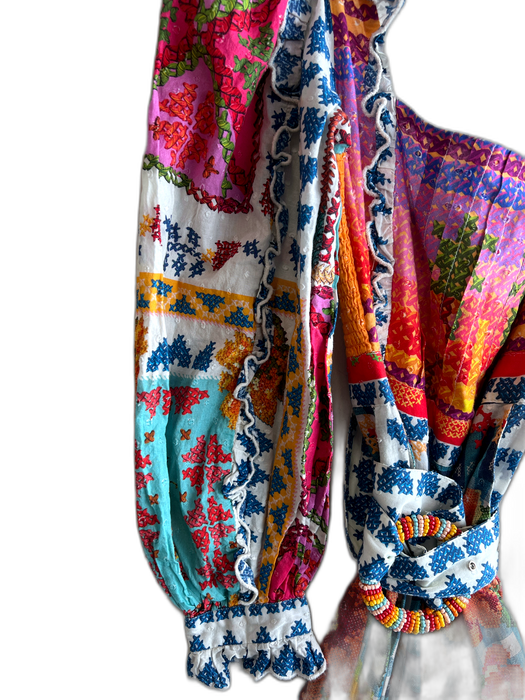 Farm Rio Size XS Multi Cotton Square Neck Long Wide Sleeve Back Zip belt Romper Multi / XS