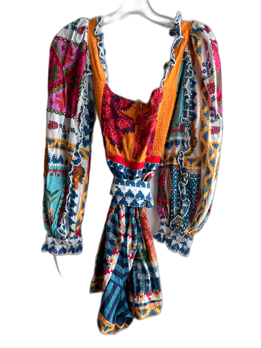 Farm Rio Size XS Multi Cotton Square Neck Long Wide Sleeve Back Zip belt Romper Multi / XS
