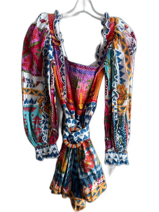 Farm Rio Size XS Multi Cotton Square Neck Long Wide Sleeve Back Zip belt Romper Multi / XS