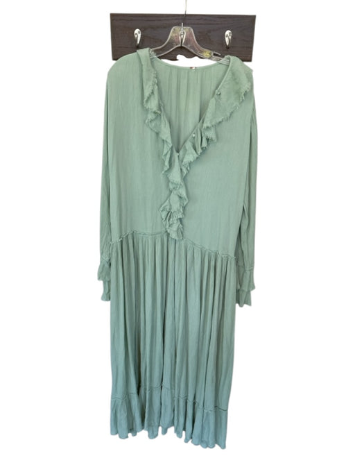 Free People Size XS Sage green Cotton Blend Long Sleeve Raw Hem Ruffles Dress Sage green / XS