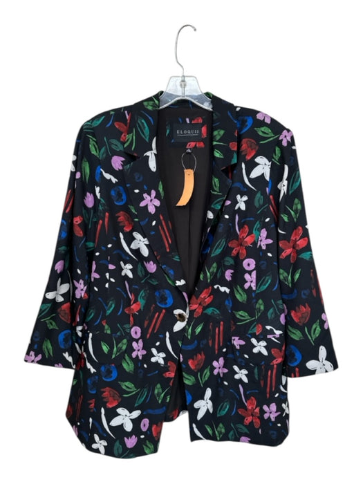 Eloquii Size 16 Black & Multi Polyester Long Sleeve Flowers Blazer Coat Black & Multi / 16