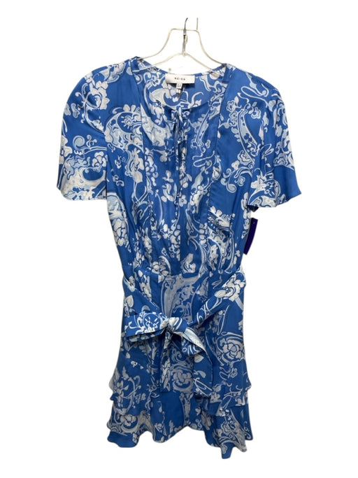 Reiss Size 4 Blue & White Viscose ladder lace Abstract Cap Sleeve Dress Blue & White / 4